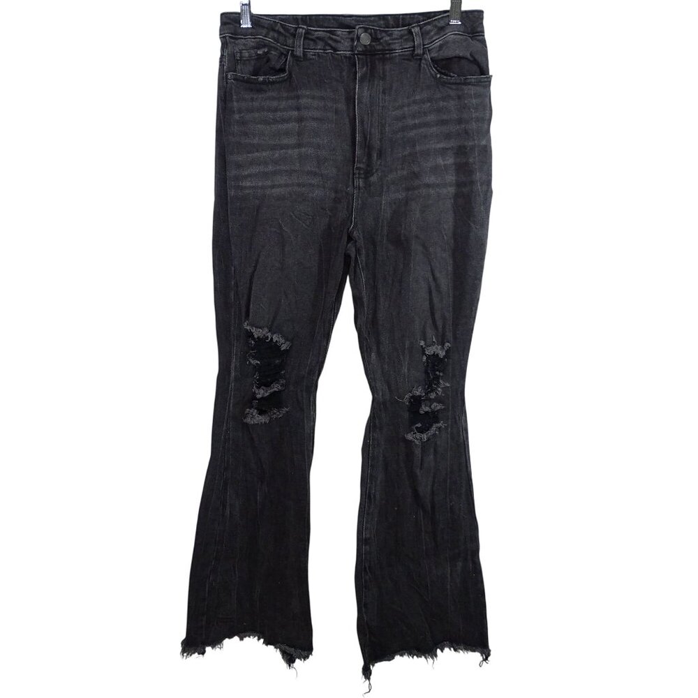 GB Black Ripped Wide Leg Flare Jeans Juniors Size 11 Denim Faded Raw Hem